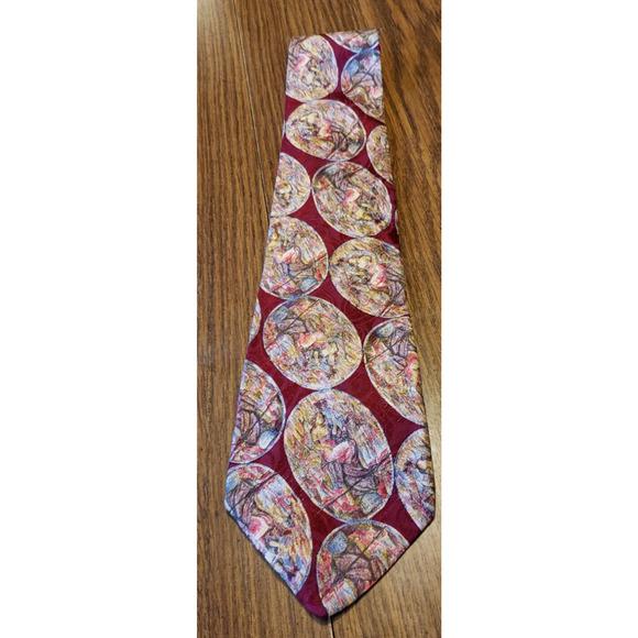 Oleg Cassini Red Abstract Stained Glass Circle Pattern Italian Silk Necktie Tie - Picture 1 of 6